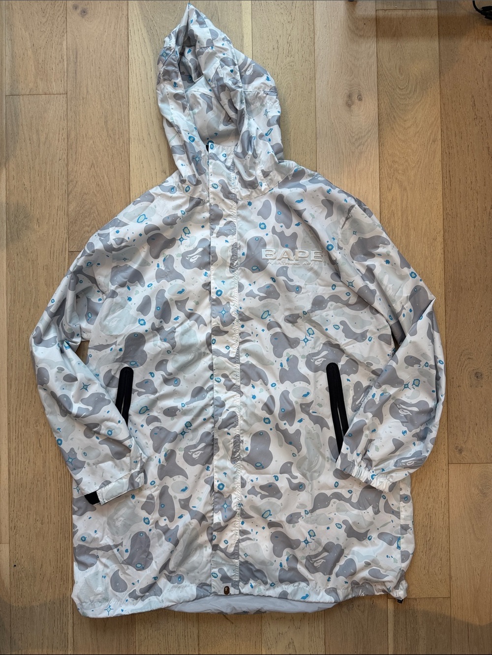 Bape White Gray Camo Raincoat with Blue Accents